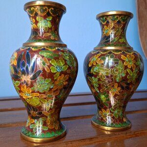 Pair Vintage Chinese Cloisonné Vases 6" Floral Enamel Brass Trim